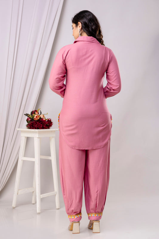 Rayon Solid Co-Ord Set with Beautiful Aari Work - SF030PNK