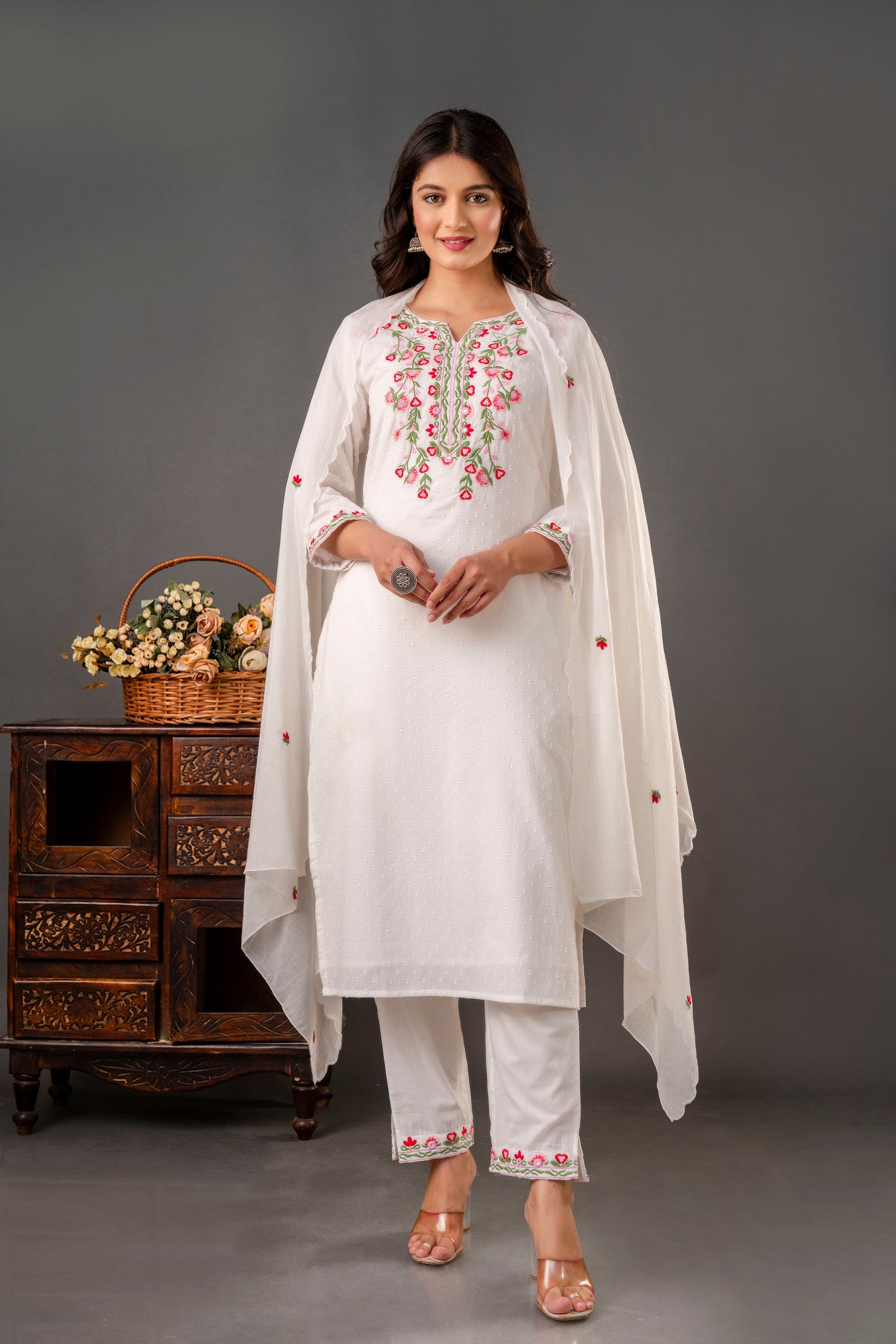 Embroidered White Cotton Kurta Set - SF039WIT