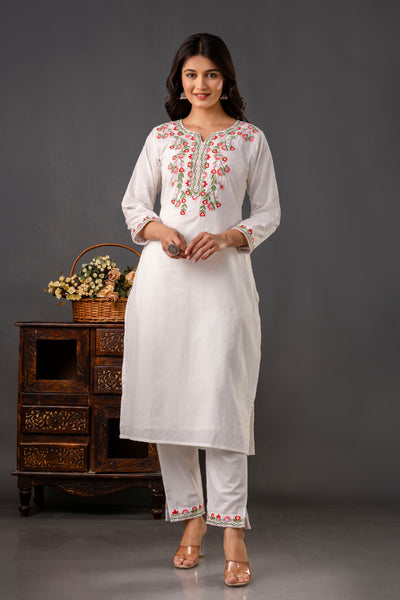 Embroidered White Cotton Kurta Set