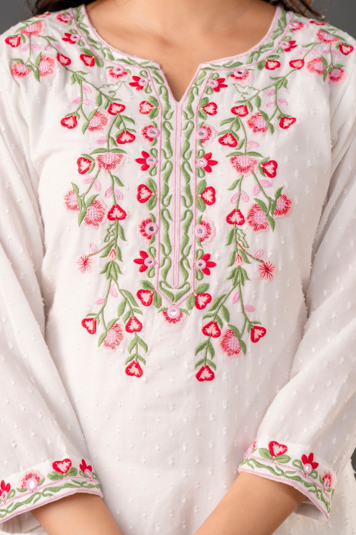 Embroidered White Cotton Kurta Set