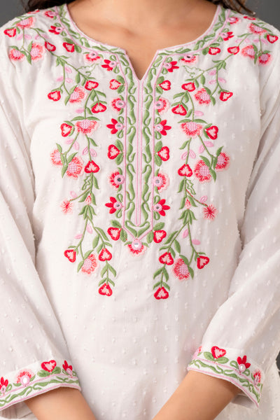 Embroidered White Cotton Kurta Set