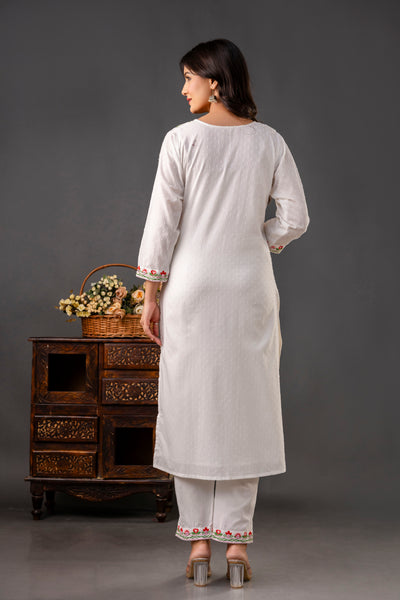Embroidered White Cotton Kurta Set
