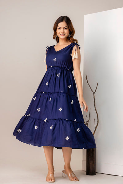 Women A-line Blue Midi Length Dress