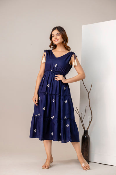 Women A-line Blue Midi Length Dress