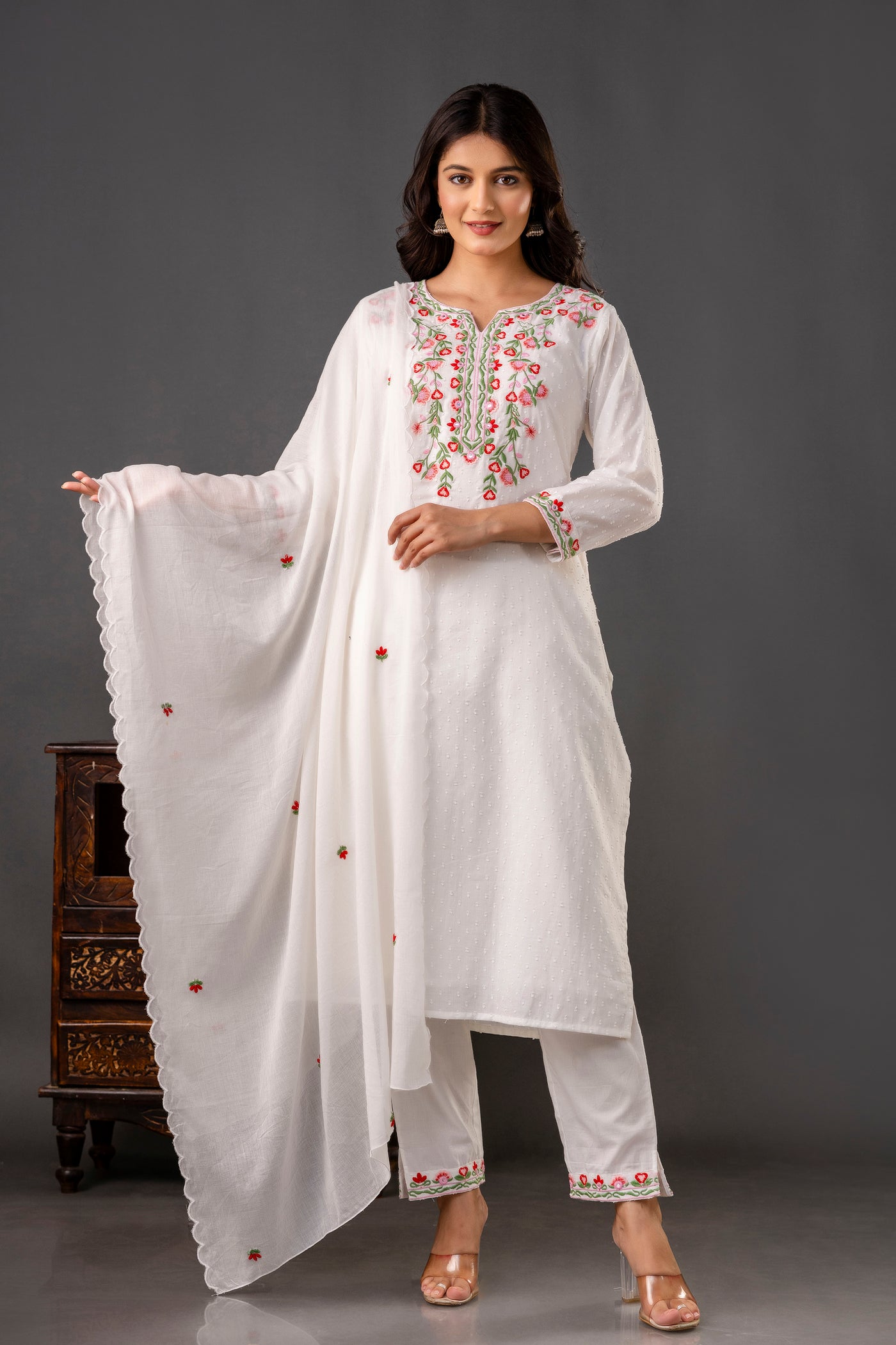 Embroidered White Cotton Kurta Set
