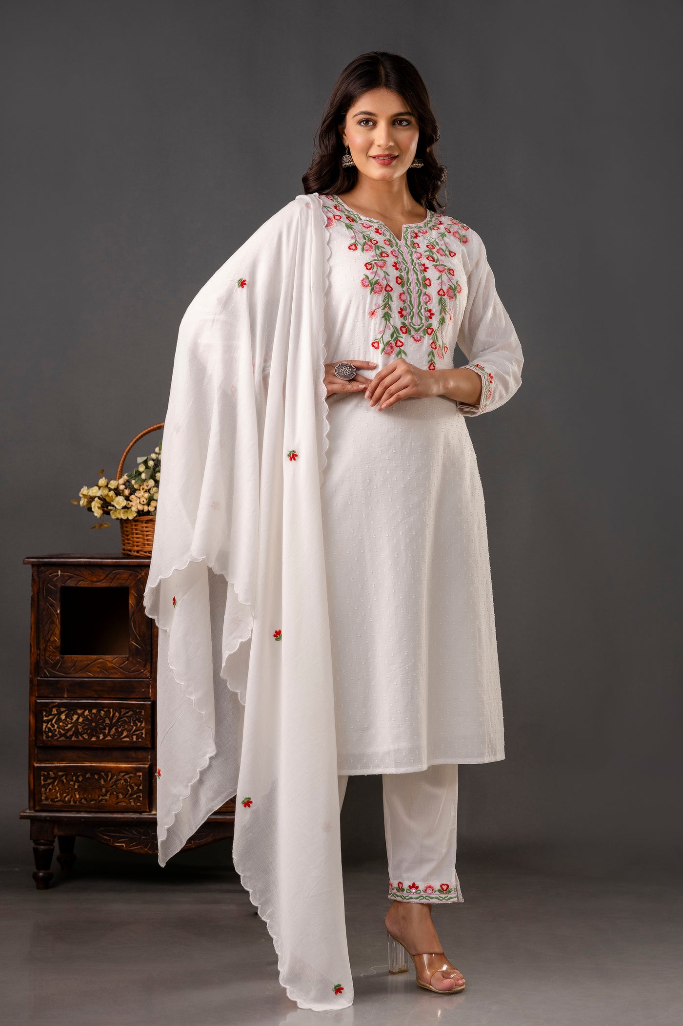 Embroidered White Cotton Kurta Set