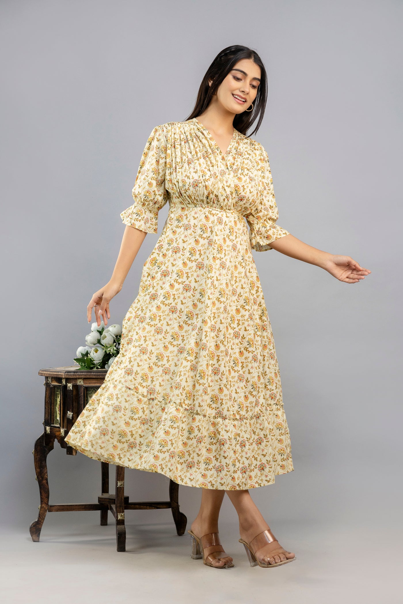 Women Gown Beige Calf Length Dress