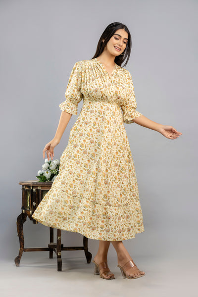 Women Gown Beige Calf Length Dress