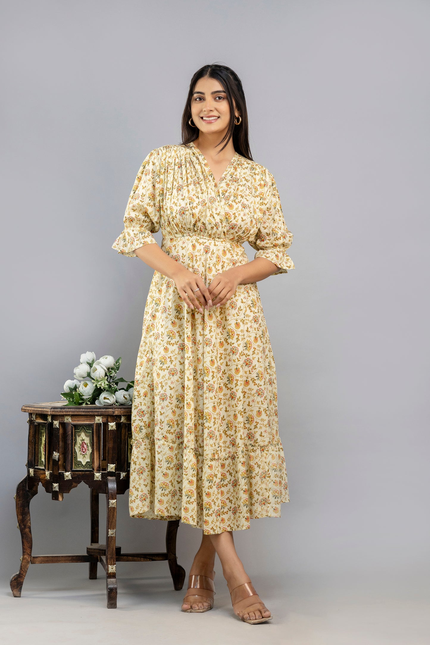 Women Gown Beige Calf Length Dress - SF044BIG