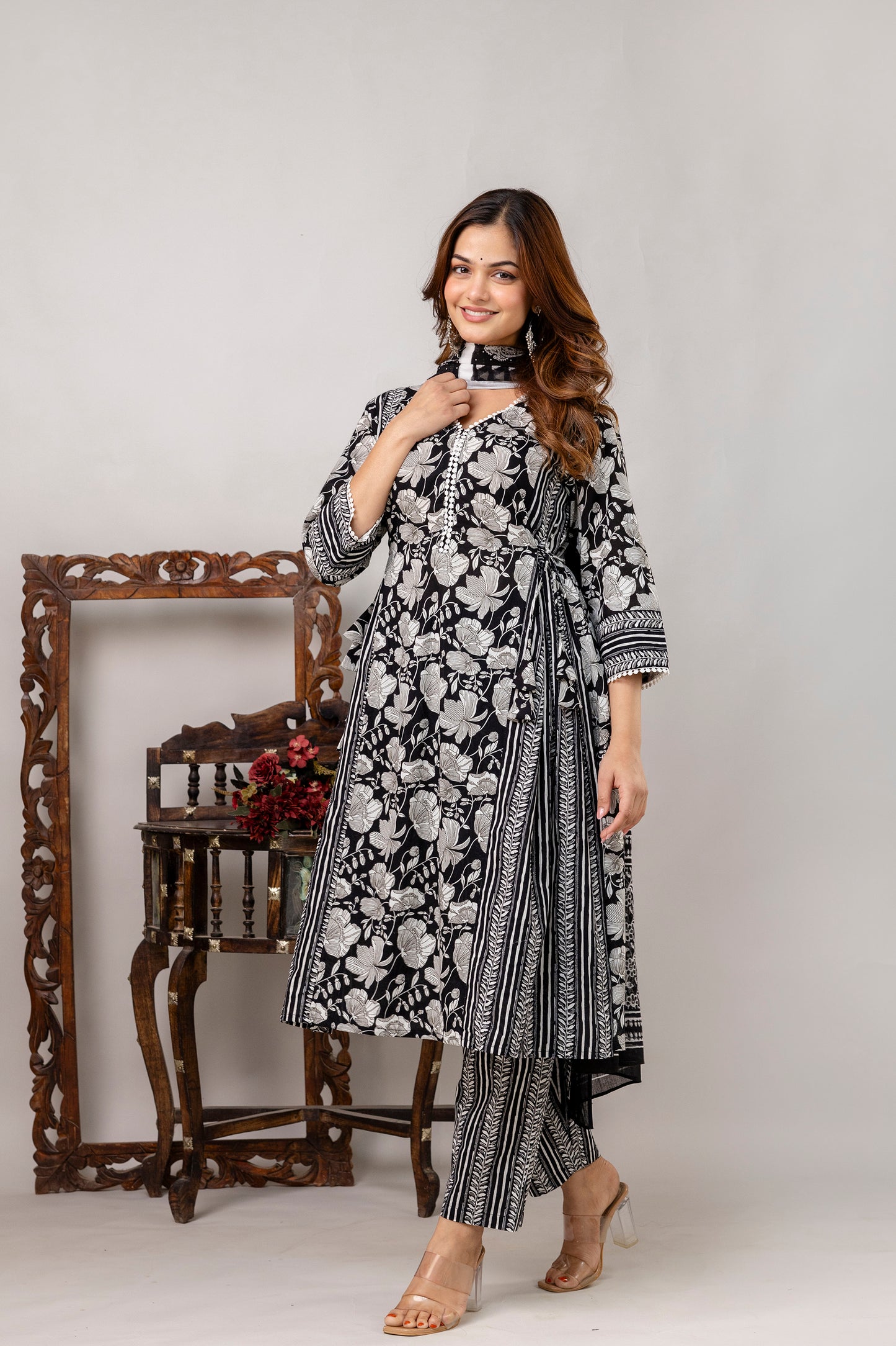 Cotton Kurta Pant Dupatta Set - SF041BLK