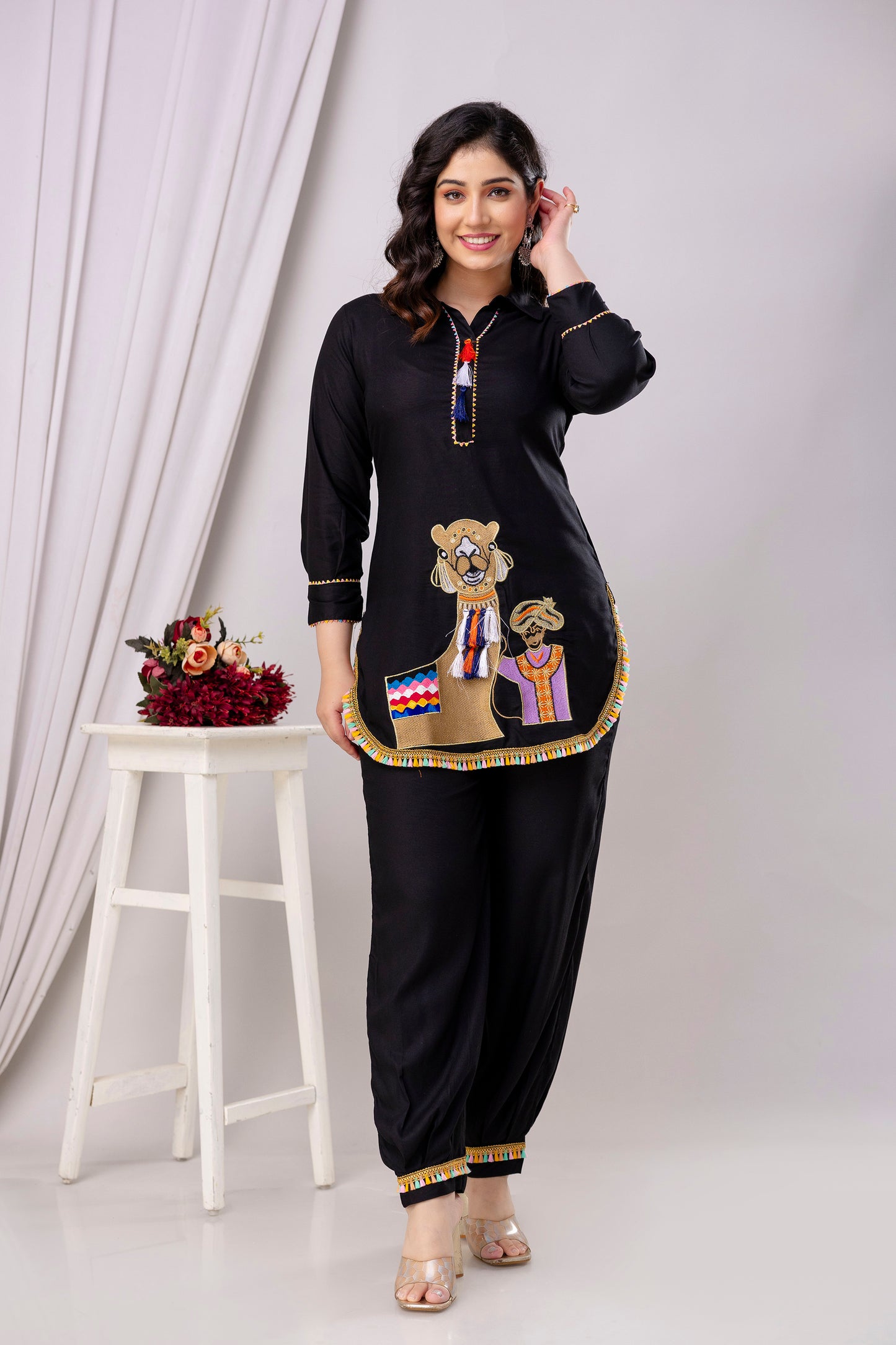 Rayon Solid Co-Ord Set with Beautiful Aari Work - SF030BLK