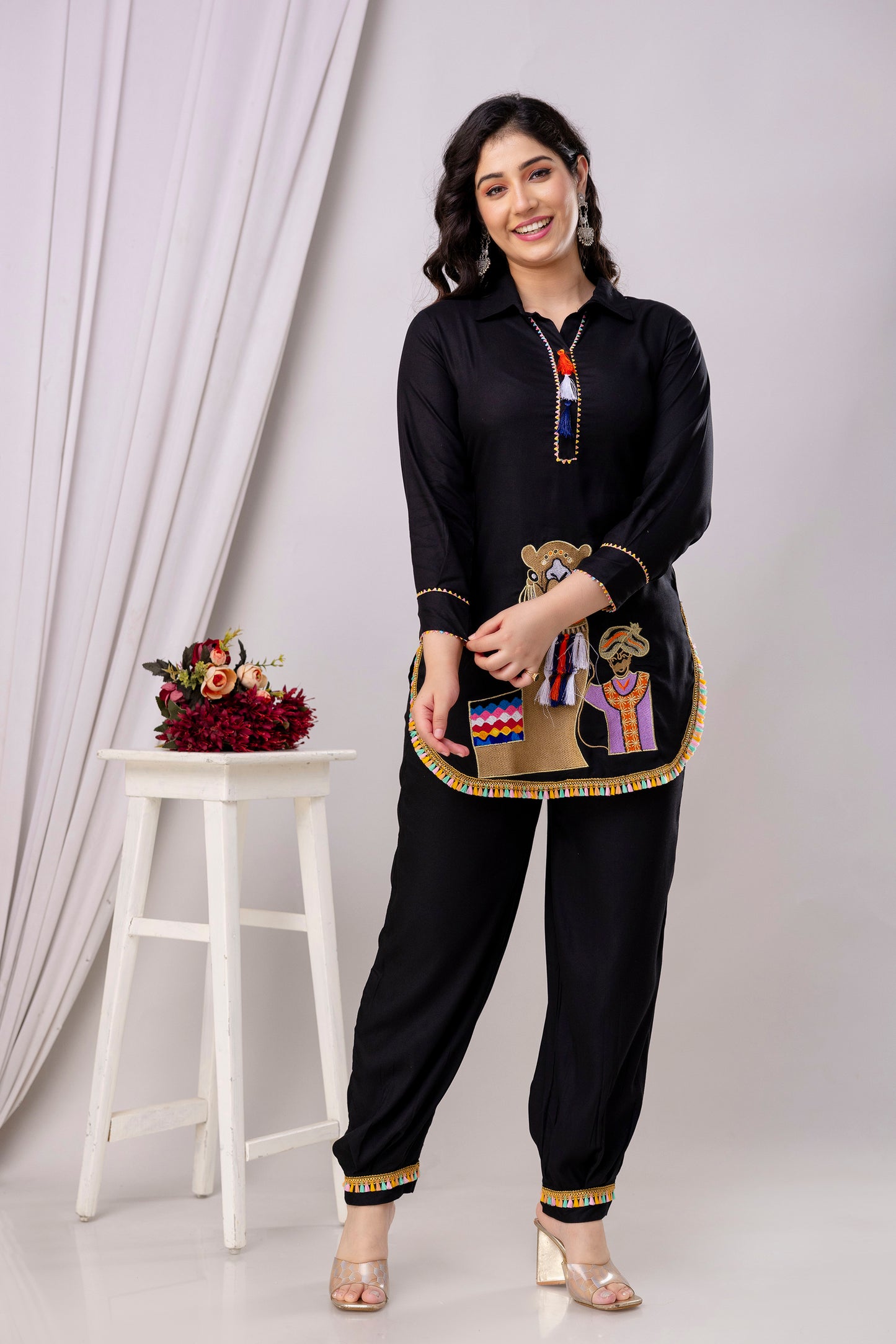 Rayon Solid Co-Ord Set with Beautiful Aari Work - SF030BLK