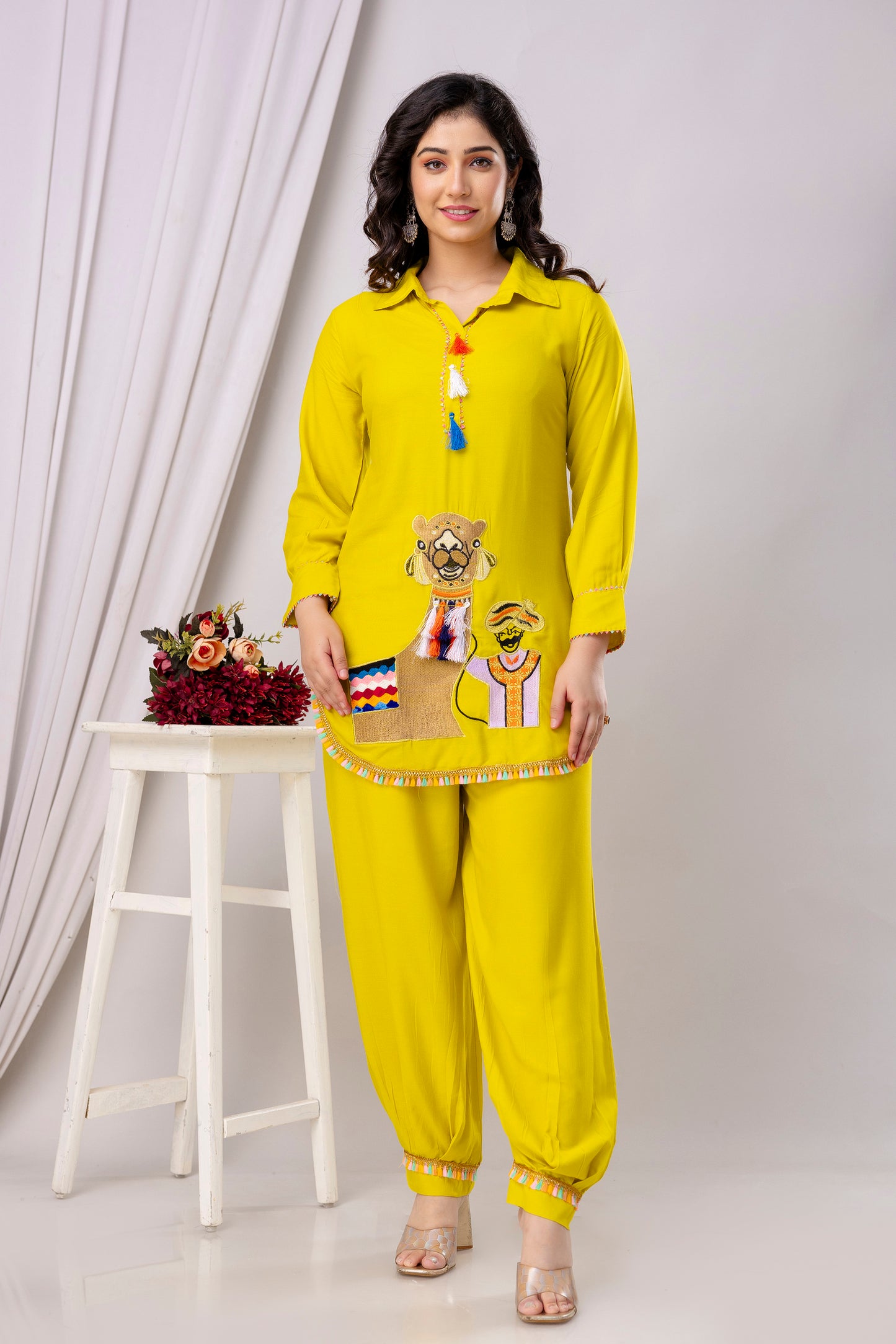 Rayon Solid Co-Ord Set with Beautiful Aari Work - SF030YLO