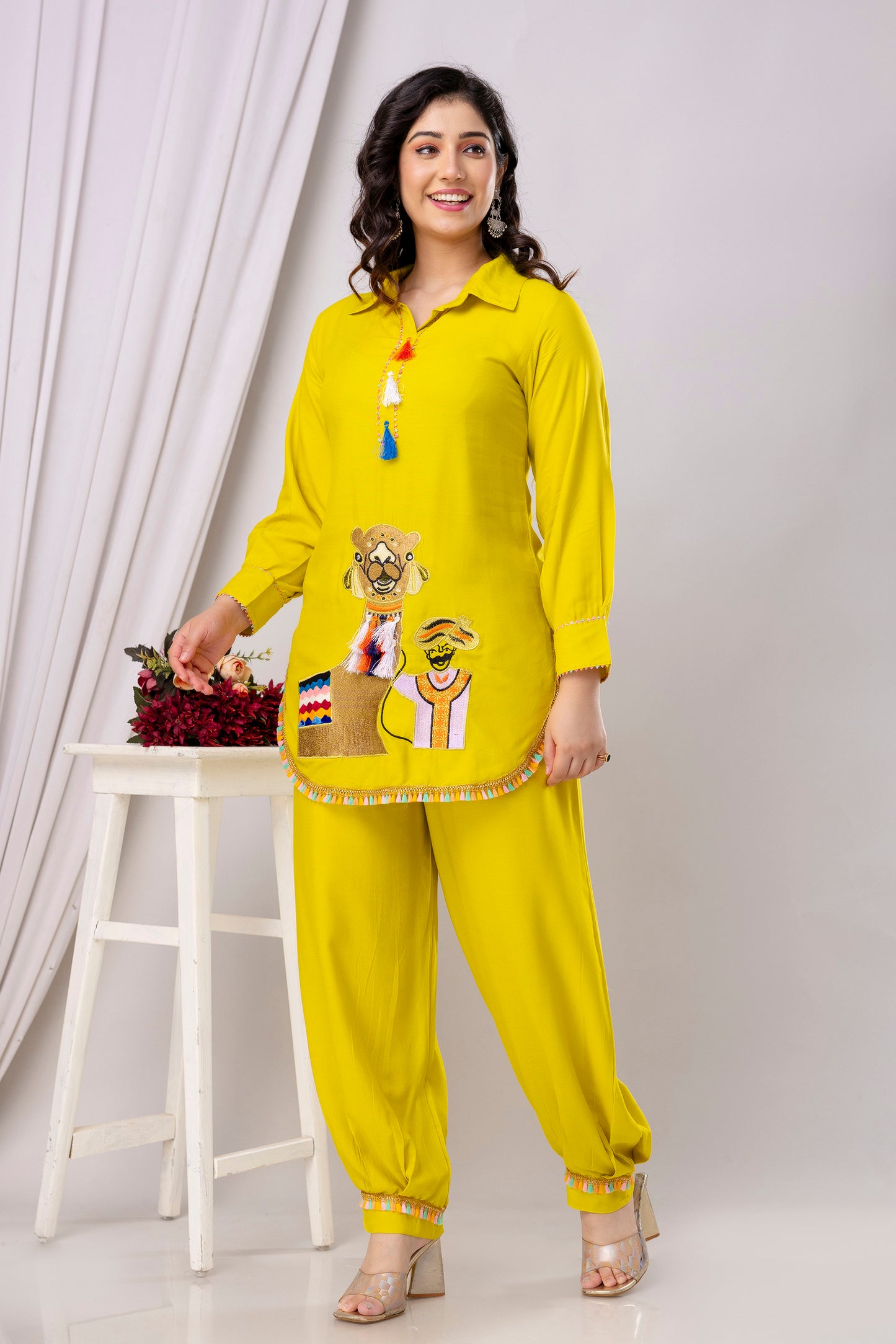 Rayon Solid Co-Ord Set with Beautiful Aari Work - SF030YLO