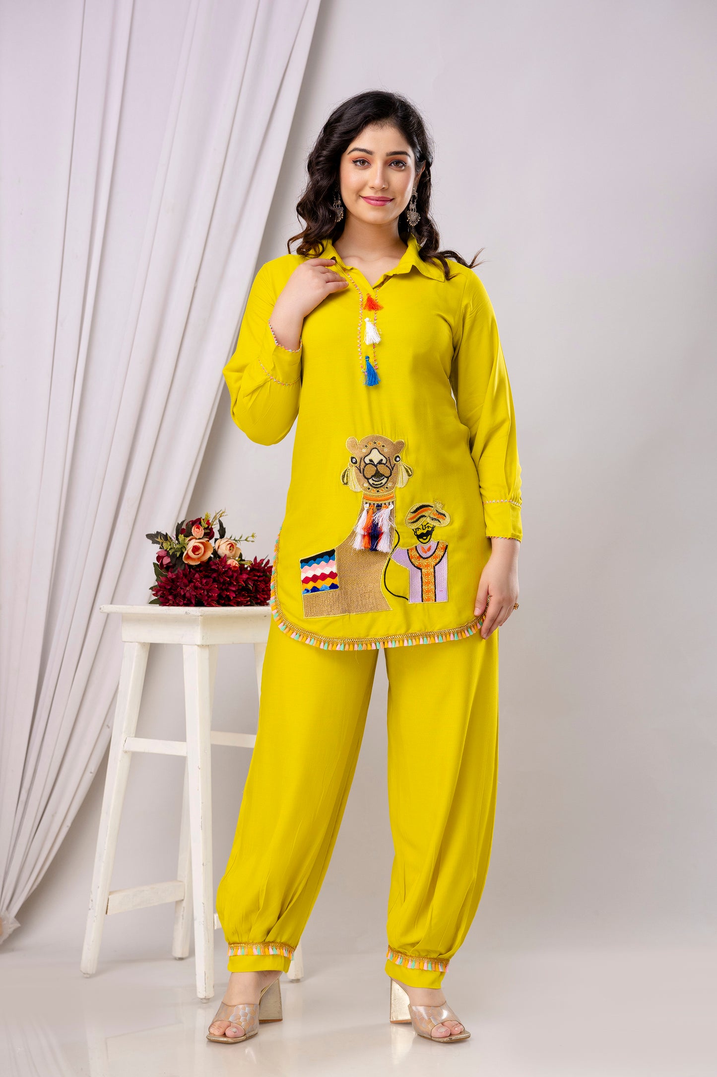 Rayon Solid Co-Ord Set with Beautiful Aari Work - SF030YLO