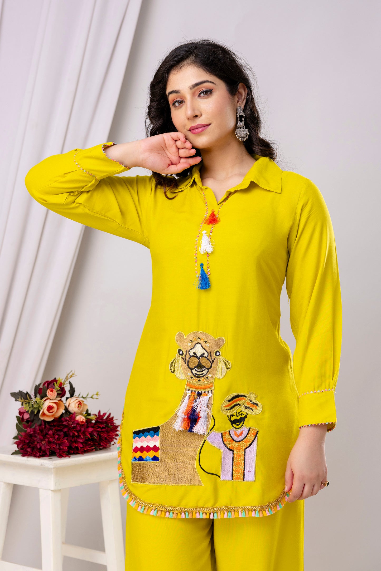 Rayon Solid Co-Ord Set with Beautiful Aari Work - SF030YLO