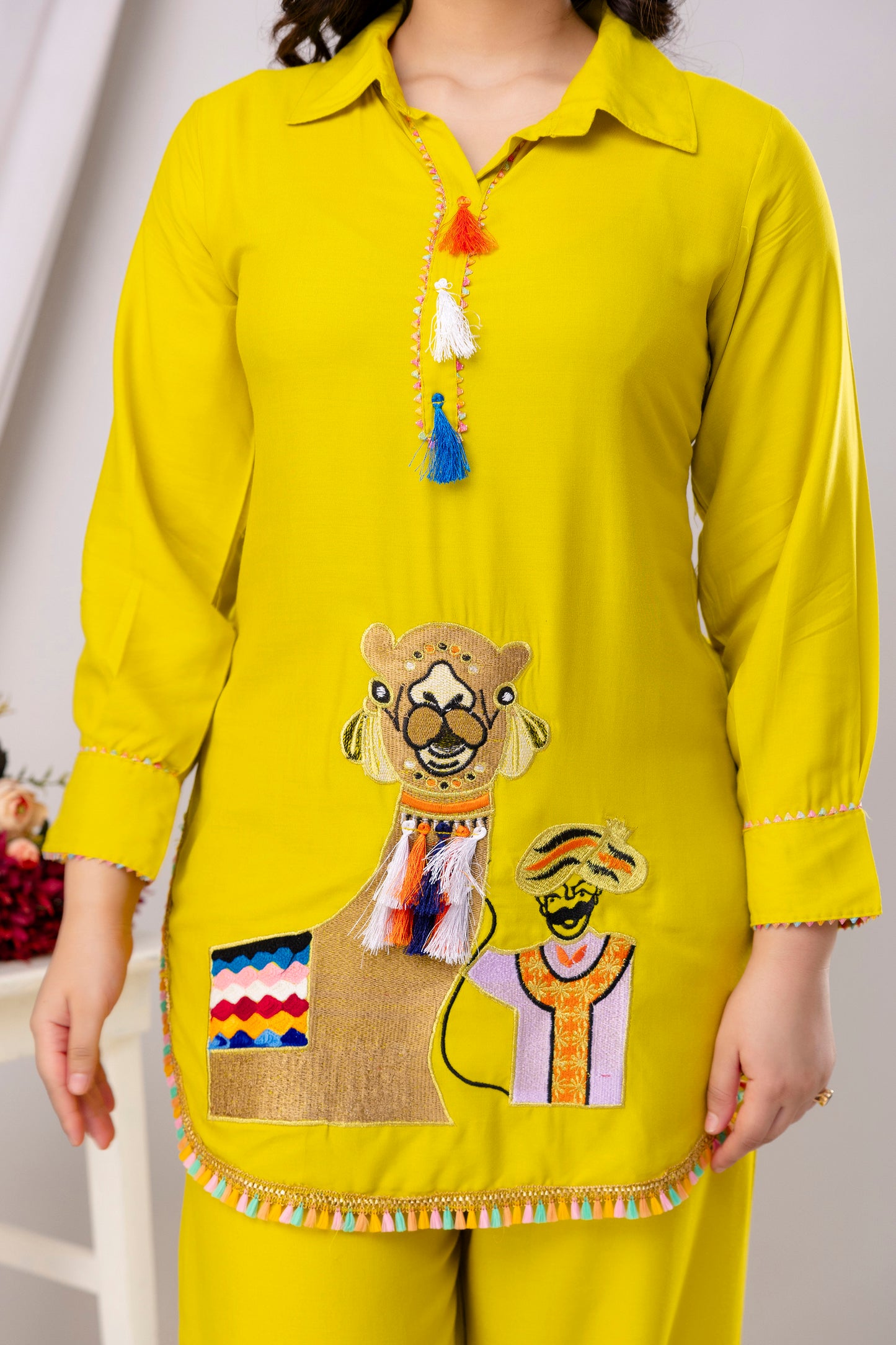 Rayon Solid Co-Ord Set with Beautiful Aari Work - SF030YLO