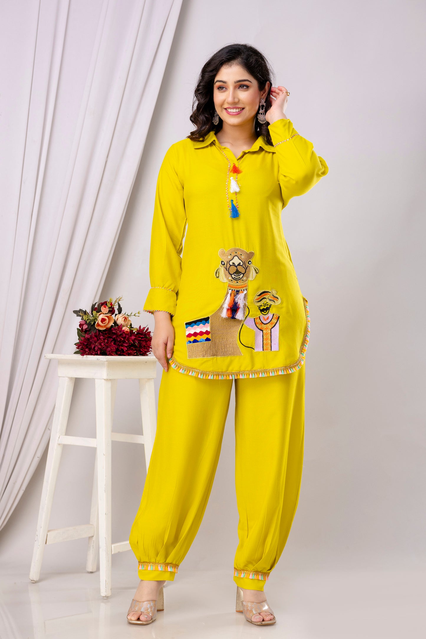 Rayon Solid Co-Ord Set with Beautiful Aari Work - SF030YLO
