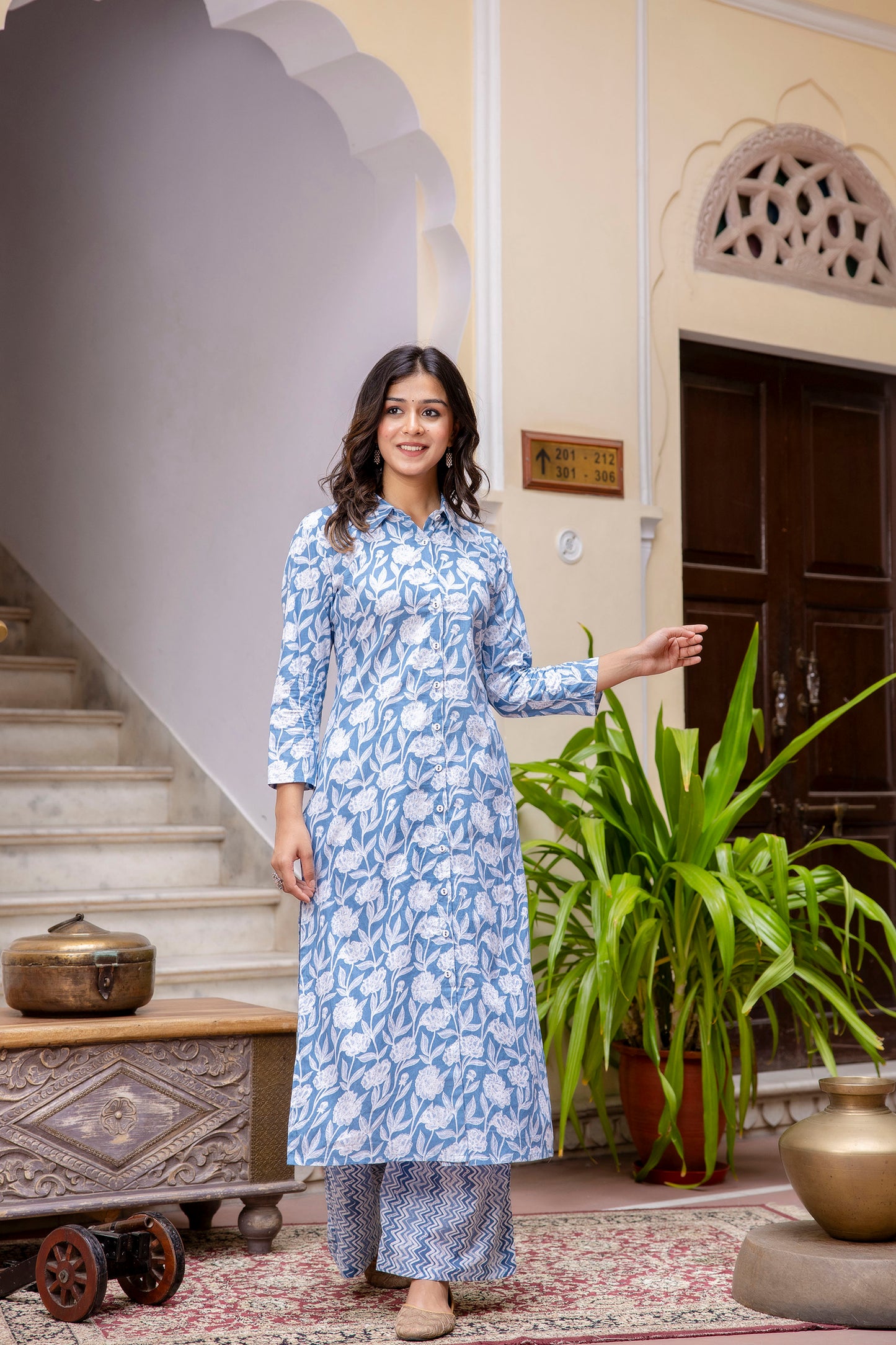 Full Sleeve Collared Neck Kurta - SF036BLU