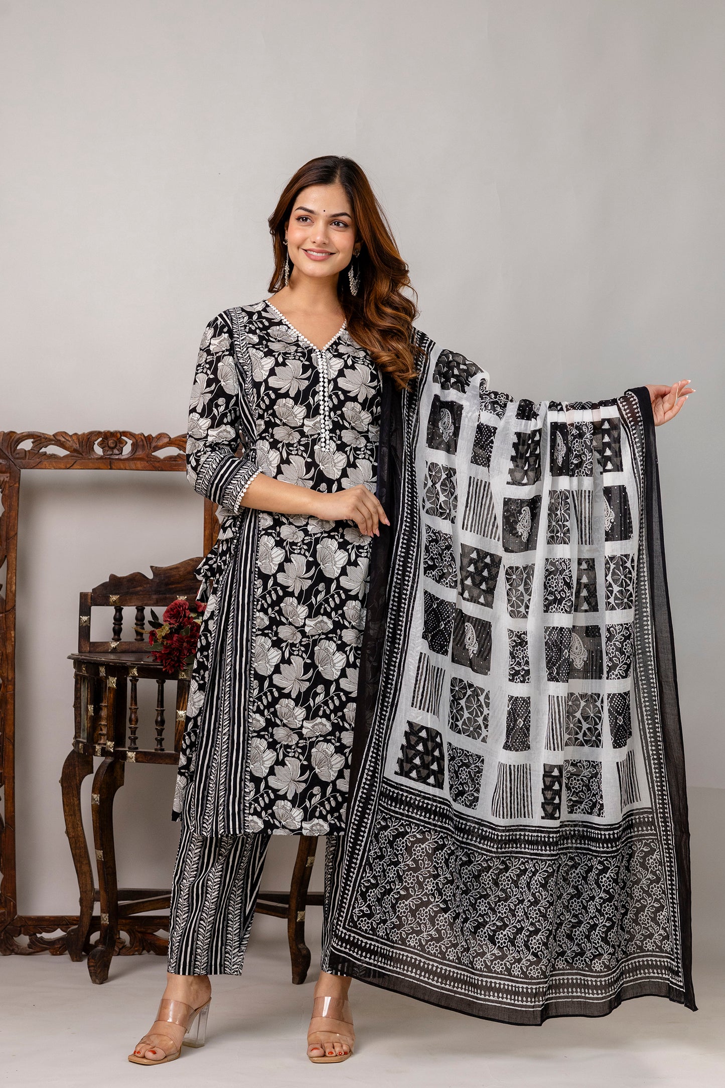 Cotton Kurta Pant Dupatta Set - SF041BLK