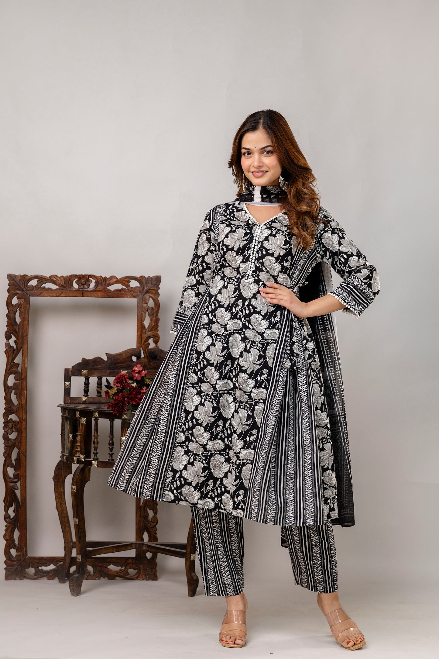 Cotton Kurta Pant Dupatta Set - SF041BLK