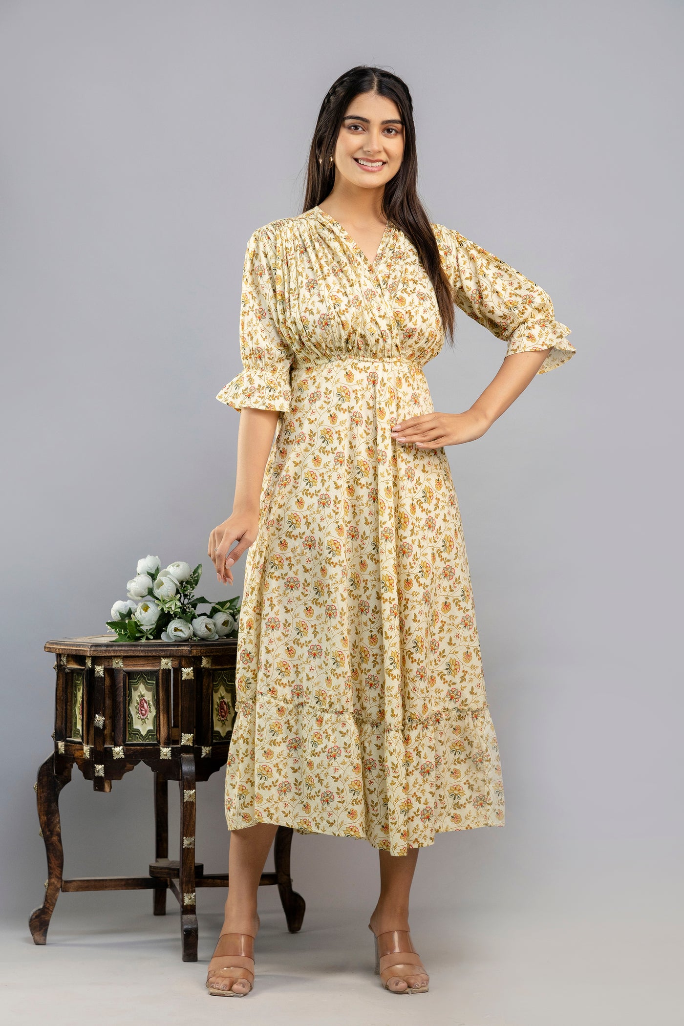 Women Gown Beige Calf Length Dress