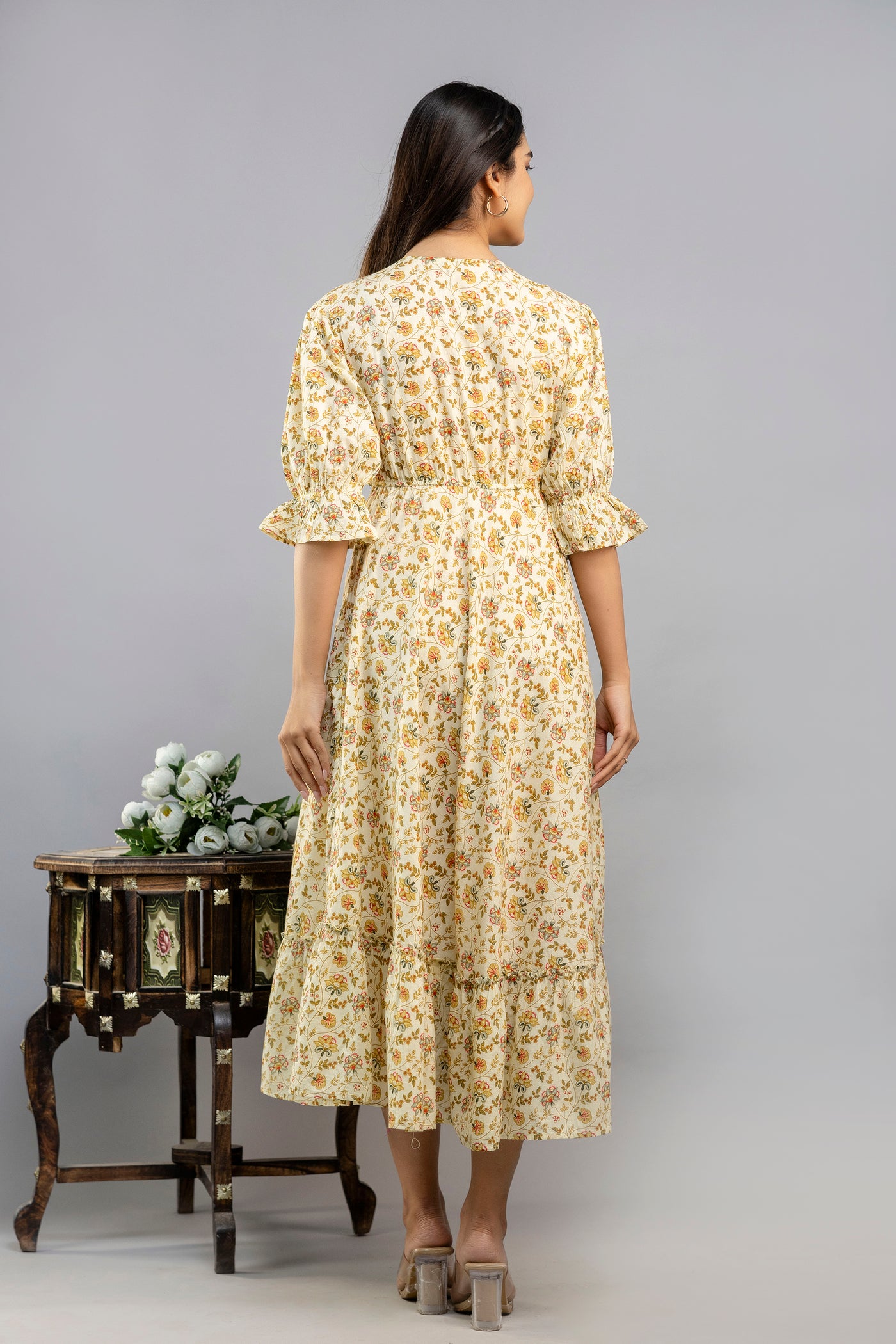 Women Gown Beige Calf Length Dress