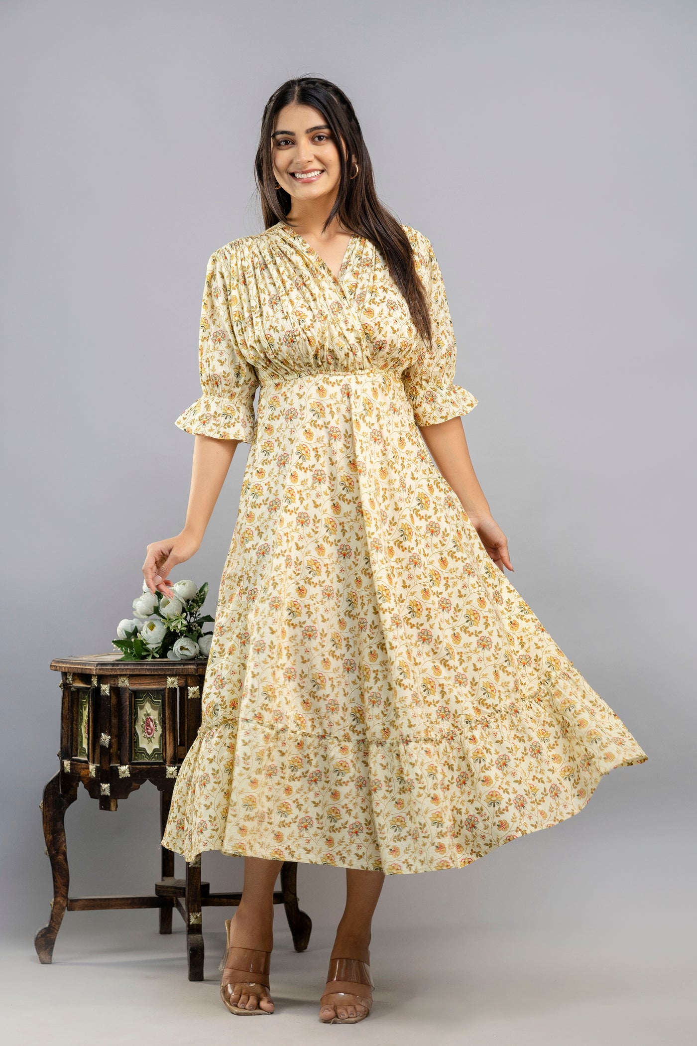 Women Gown Beige Calf Length Dress