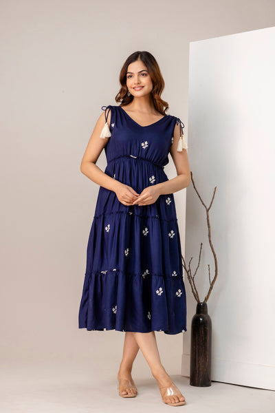 Women A-line Blue Midi Length Dress