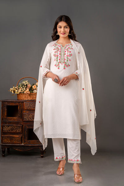 Embroidered White Cotton Kurta Set