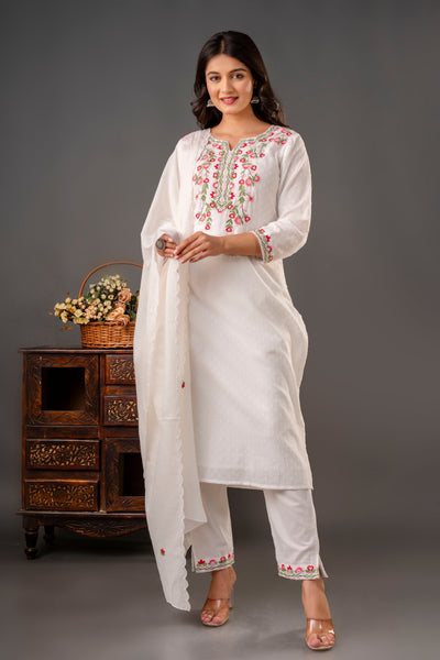 Embroidered White Cotton Kurta Set