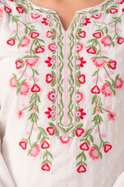 Embroidered White Cotton Kurta Set